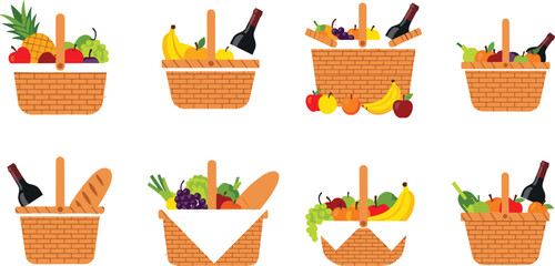 Wicker Picnic Basket Set Filled with Fresh Fruits Vegetables Wine and Bread for Outdoor Dining and Summer Holiday Leisure Vector Illustration © MdSirazul
