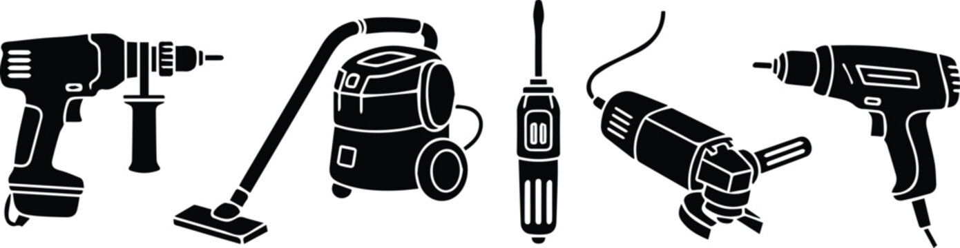set of cleaning tools and power drills flat design vector illustration