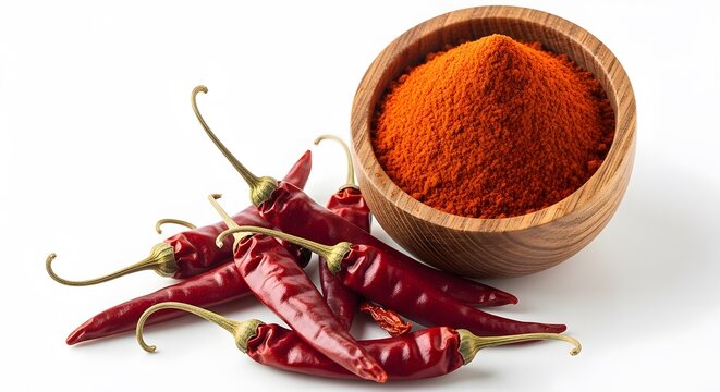 Vibrant red chili powder and whole dried peppers spice and heat