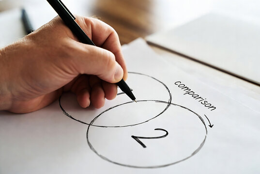A hand is writing the word &ldquo;comparison&rdquo; on a sketch with two circles, suggesting an act of comparing two items. It&rsquo;s taking place at a desk or table.