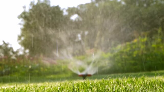 Sprinkler waters vibrant green lawn. Sunlight glints off water droplets. Trees stand blurred in background. Gentle mist drifts over grass. No people, no animals present
