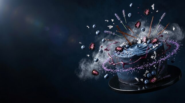 A creative and artistic representation of a blue cake with berries and flowers exploding in the air, set against a dark background.