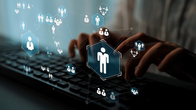 Human figures and digital network connection in modern technology, illustrating online communication and social networking through keyboard input Gluon.