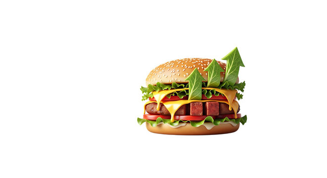 Tasty cheeseburger with green growth arrows on top