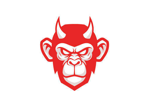 Red chimpanzee head with devil horns and aggressive expression