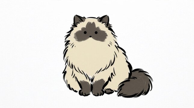 Illustration of a sitting fluffy ragdoll cat on a white background