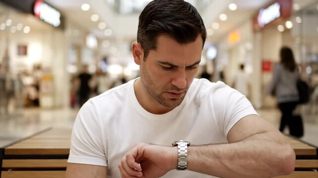 Focused man in white t-shirt checking the time while waiting inside a busy shopping mall
