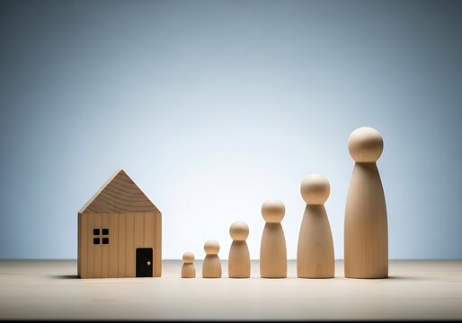 Wooden toy figures standing in front of a miniature house scene