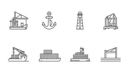 Naklejka premium Harbor Icons Set: a comprehensive set of clean line illustrations perfectly captures the essence of coastal activities and maritime elements, ideal for design project or nautical theme