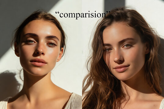 Two young women are presented side-by-side, highlighting a comparison of their appearances. The setting is a minimalist studio with a white background and natural light.