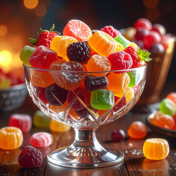 Bowl of colorful gummy candies and berries on a wooden table