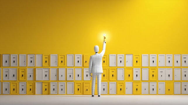 minimalist 3D illustration of a businessman with a glowing yellow neural network head standing before a massive wall of locked doors. He holds the only golden key in existence symbolizing a 