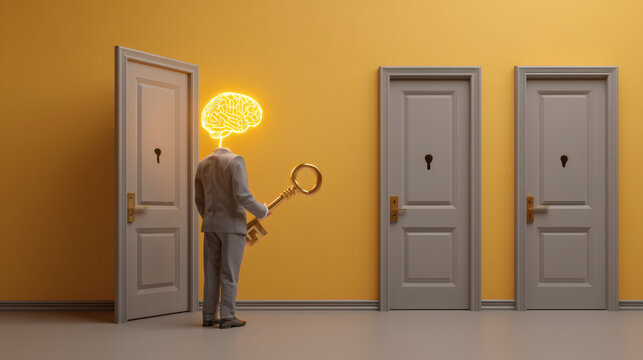 minimalist 3D illustration of a businessman with a glowing yellow neural network head standing before a massive wall of locked doors. He holds the only golden key in existence symbolizing a 