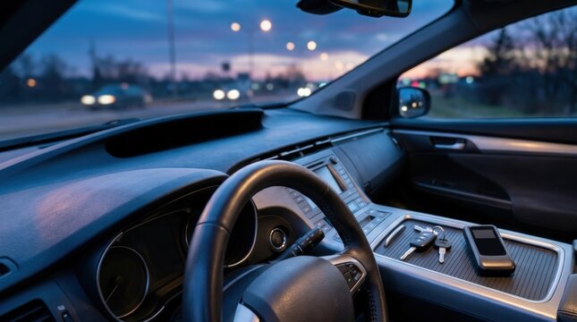 Car keys and smartphone resting on center console from driver's seat perspective at dusk