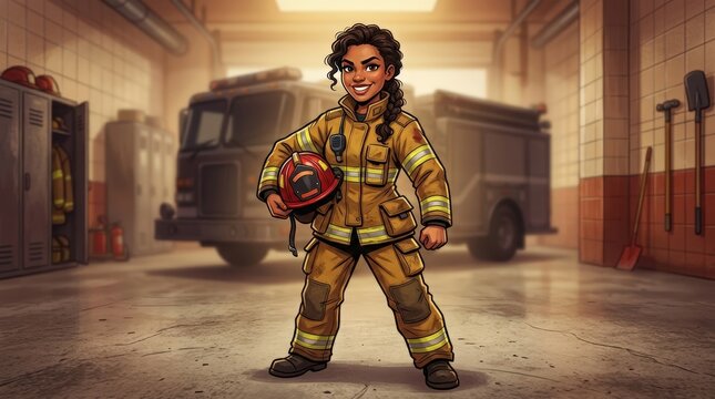 Female firefighter caricature standing confidently in fire station