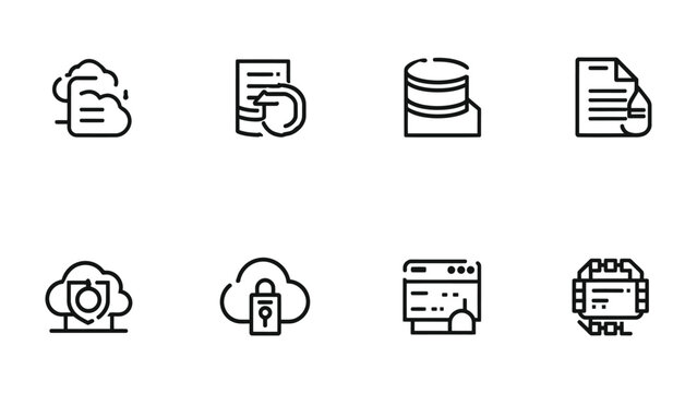Cloud Data Icons: An eye-level shot captures a set of modern icons illustrating data storage, cloud services, and digital security. These represent the cornerstones of contemporary technology.