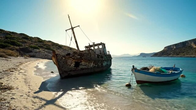 Scenic view of a shipwrecked boat on the shore of a beautiful turquoise bay with a smaller fishing boat under the bright sun