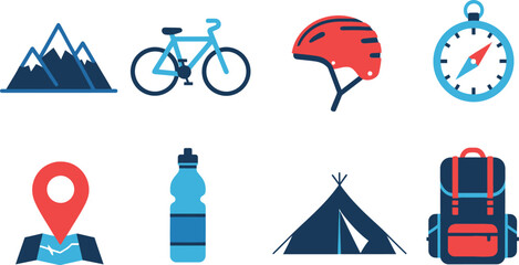 Set of adventure and outdoor travel icons featuring a mountain bicycle helmet compass map water bottle tent and backpack © azad
