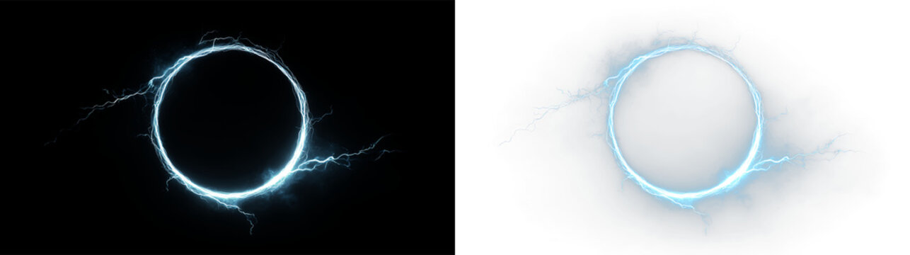 Bright blue electric circle with lightning effect isolated on transparent and black background, showing energy and movement in design, light overlay, PNG