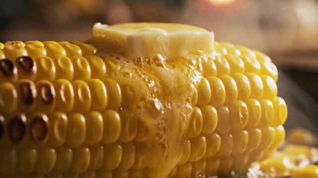 Corn on the cob with melting butter close-up