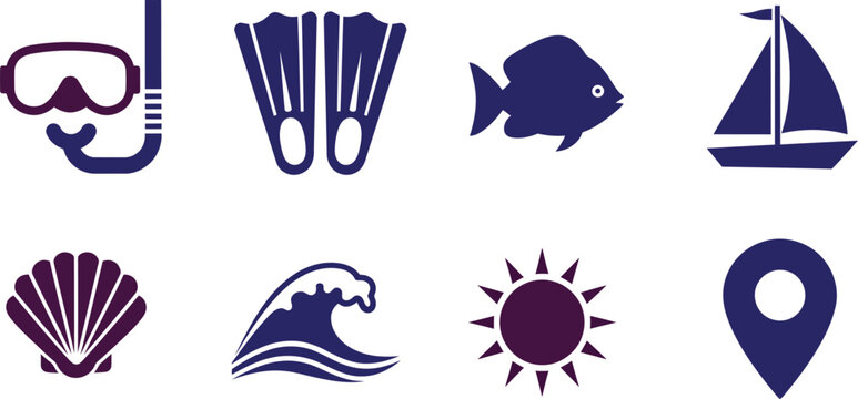 Set of dark blue summer vacation and sea travel icons including snorkel gear fish sailboat shell wave sun and map pin