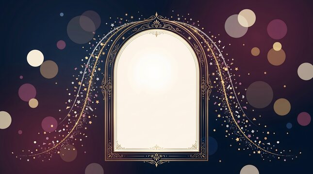 Elegant arched frame with gold decorative border and glowing particles on dark background luxury invitation or certificate template