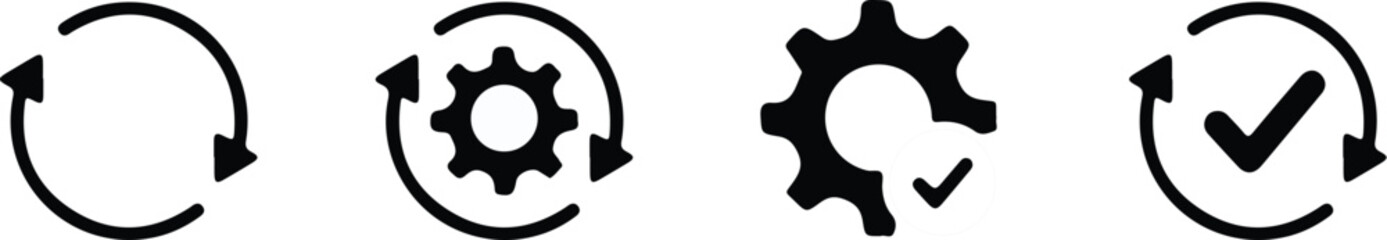 Sync process, icon reload set, circle arrow with gear wheel, recycling recurrence, renewal refresh processing icons, settings, update with a checkmark © Maryam