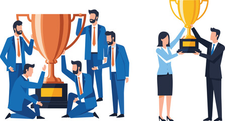Fototapeta premium Business Team Celebrating Victory with Trophy Vector Set Showing Corporate Success Achievement and Award Winning Concept Illustration