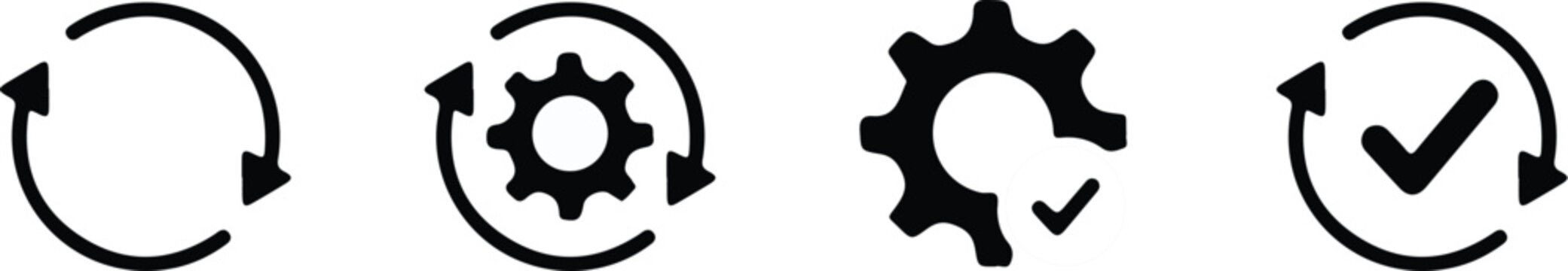 Sync process, icon reload set, circle arrow with gear wheel, recycling recurrence, renewal refresh processing icons, settings, update with a checkmark