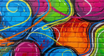 Vibrant colorful graffiti on brick wall urban art © Deshan