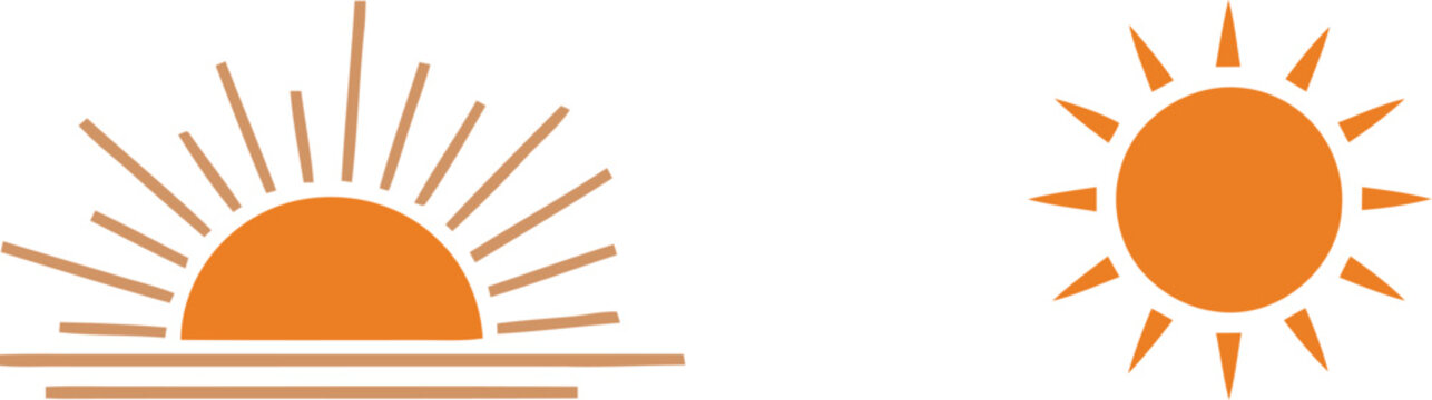 Simple orange sun icon set featuring a rising sun over the horizon and a full sun with rays for weather and nature designs
