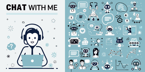 chat with me illustration featuring robot icons and a headset wearing monkey © Sujit