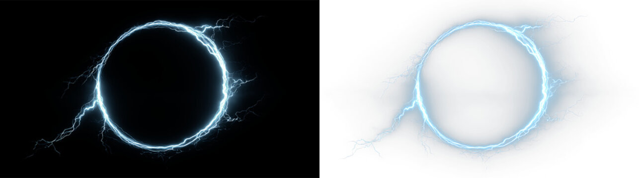 Circular blue lightning effect isolated on transparent and black background, suitable for digital designs and graphics, light overlay, PNG