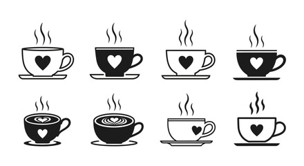 Obraz premium Detailed coffee cup icon set with heart latte art and steam for cafe menu design premium morning beverage symbols with saucer and mug branding illustrations