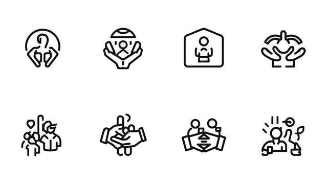 Empathy and Care Icons: A collection of minimalist line icons representing concepts such as support, help, unity, and well-being. Ideal for use in design, infographics, and more.