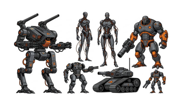 Industrial robot warrior collection with heavy cyborg mechs and futuristic humanoid battle droids for gaming