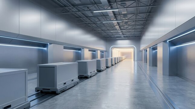 Automated modular logistics system in futuristic warehouse interior