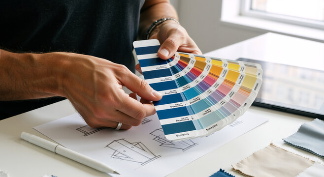 Interior designer choosing color swatches for a project. Professional architect working with paint samples and sketches