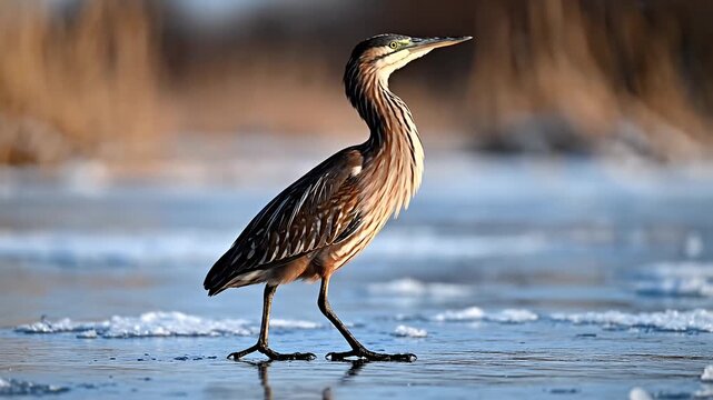 Bittern bird walking on frozen lake during winter sunrise