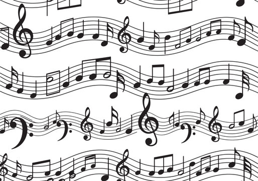 Seamless pattern with musical notes and treble clefs on wavy staff lines