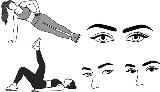 Vector Illustration Set of Women Doing Fitness Exercises with Line Art Female Eyes and Eyebrows for Beauty and Wellness Design
