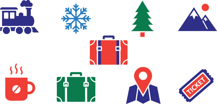 Set of colorful winter travel icons including train snowflake pine tree mountains suitcase hot drink map pin and ticket