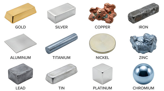 Collection of 12 precious and industrial metal samples including gold silver and platinum on white background for science education chemistry and commodity trading materials infographic.
