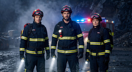 Fototapeta premium Team of three firefighters in protective gear standing in front of a fire engine. Brave emergency rescue crew with flashlights in a smoky environment