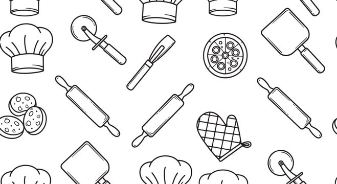 Seamless Pattern of Hand Drawn Kitchen Utensils and Baking Tools for Culinary Design and Food Backgrounds