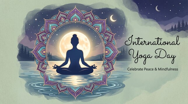 International yoga day meditation illustration with mandala frame and sunset reflection in calm spiritual background design