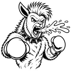 Obraz premium angry llama boxer with gloves spitting forward in a bold monochrome cartoon illustration full of wild energy and attitude