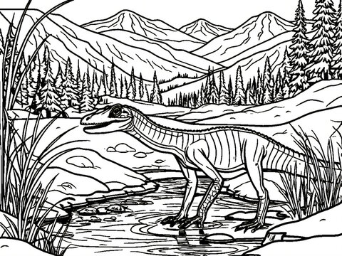 Black and white coloring book page, A coelophysis drinking from a stream in a snow filled dream meadow