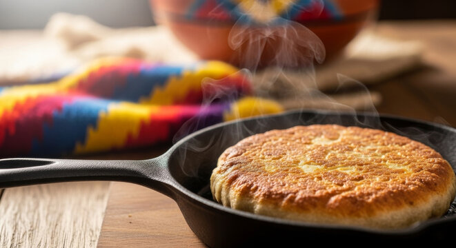 Frying traditional bannock bread pan Indigenous cuisine cooking process. Cultural food heritage and daily life during National Indigenous History Month