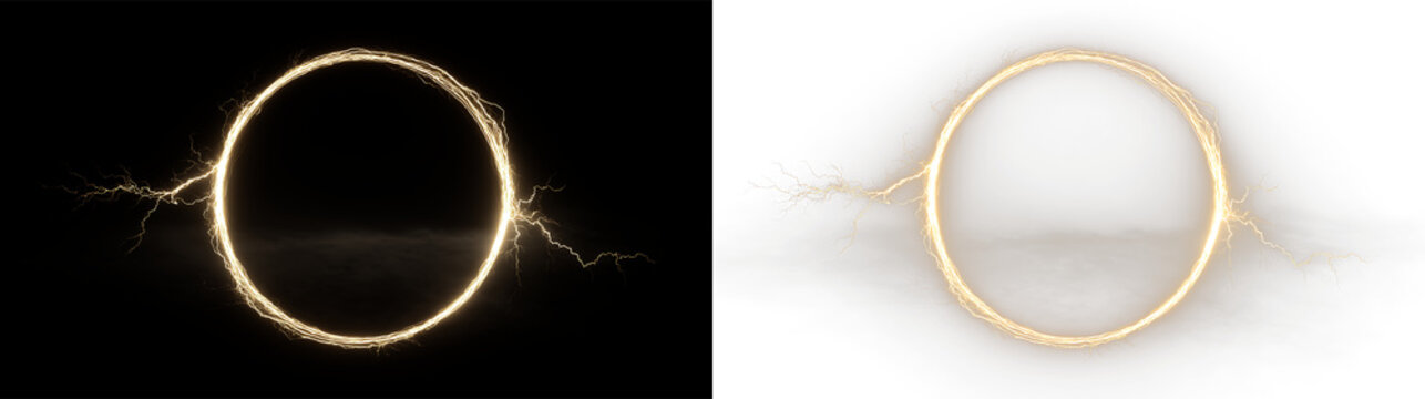 Golden circular design with lightning effects isolated on transparent and black background, for creative projects or digital art use, light overlay, PNG